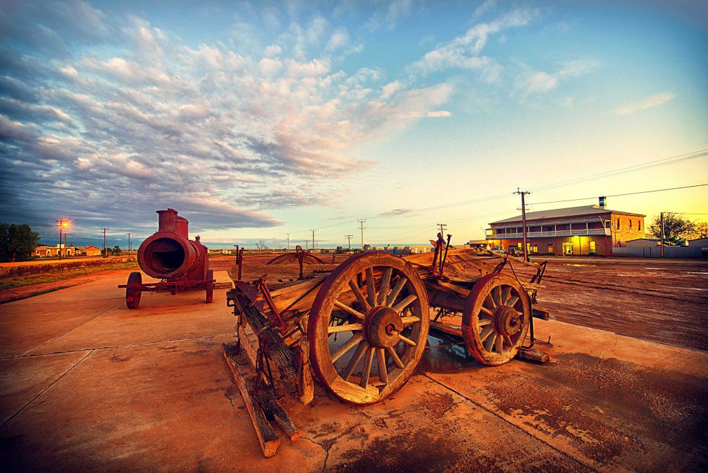 Sunset over Marree with historical artefacts